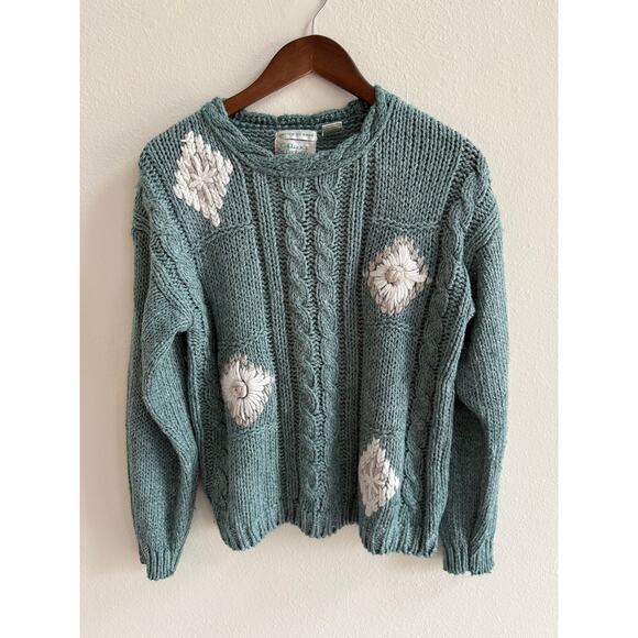 Vintage Grandma Cottage Aqua Cable Hand-Knit Chunky Boho Florsl Ramie Sweater L - Picture 10 of 15